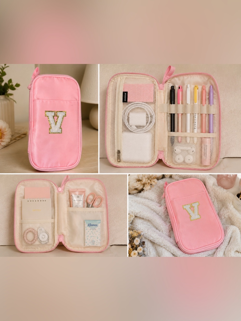 Pink Organizer Pouch with V Initial - Picture 1 of 10